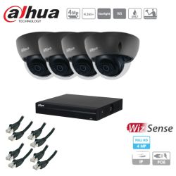Kit caméra de surveillance Dahua - 4 caméras noires IP Starlight 4MP + enregistreur + disque dur + câble