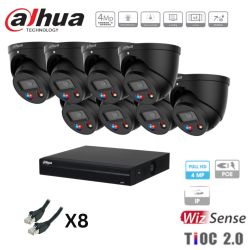 Kit caméra de surveillance Dahua - 8 caméras noires IP TIOC 2.0 4MP + enregistreur + disque dur + câble