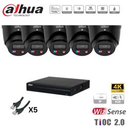 Kit caméra de surveillance Dahua - 5 caméras noires 8MP/4K IP TIOC 2.0  + enregistreur + disque dur 1To + câblage