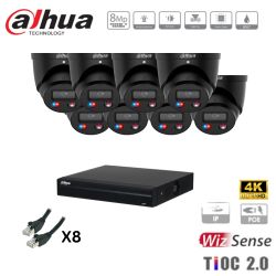 Kit caméra de surveillance Dahua - 8 caméras noires 8MP/4K IP TIOC 2.0  + enregistreur + disque dur 1To + câblage
