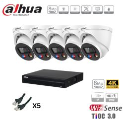Kit caméra de surveillance Dahua - 5 caméras blanches 8MP/4K IP TIOC 2.0  + enregistreur + disque dur 1To + câblage