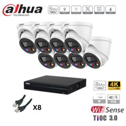 Kit caméra de surveillance Dahua - 8 caméras blanches 8MP/4K IP TIOC 2.0  + enregistreur + disque dur 1To + câblage