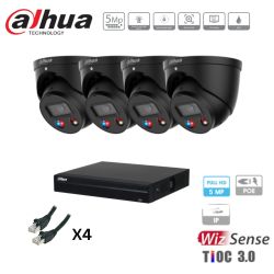 Kit caméra de surveillance Dahua - 4 caméras noires IP TIOC 2.0 5MP + enregistreur + disque dur 1To + câblage