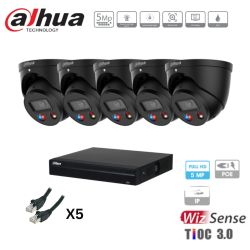 Kit caméra de surveillance Dahua - 5 caméras noires IP TIOC 2.0 5MP + enregistreur + disque dur 1To + câblage