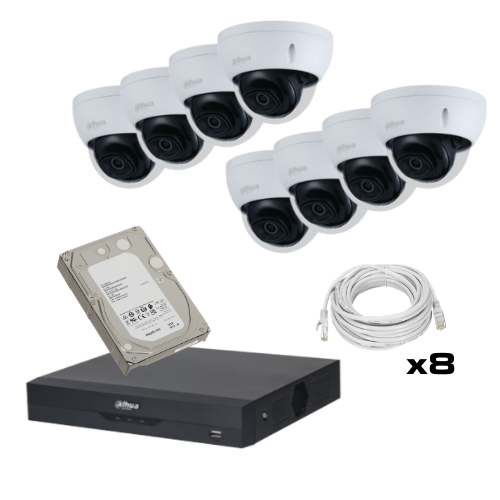 Kit Vidéosurveillance : x8 caméras 4 MP, x1 enregistreur 16 ports, x1 disque dur 2 TO, x8 câbles RJ45 20m